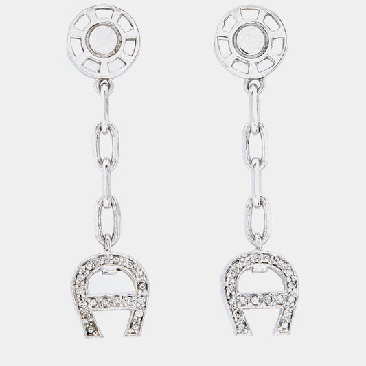 Original Aigner Silver Tone Crystal Logo Drop Earrings