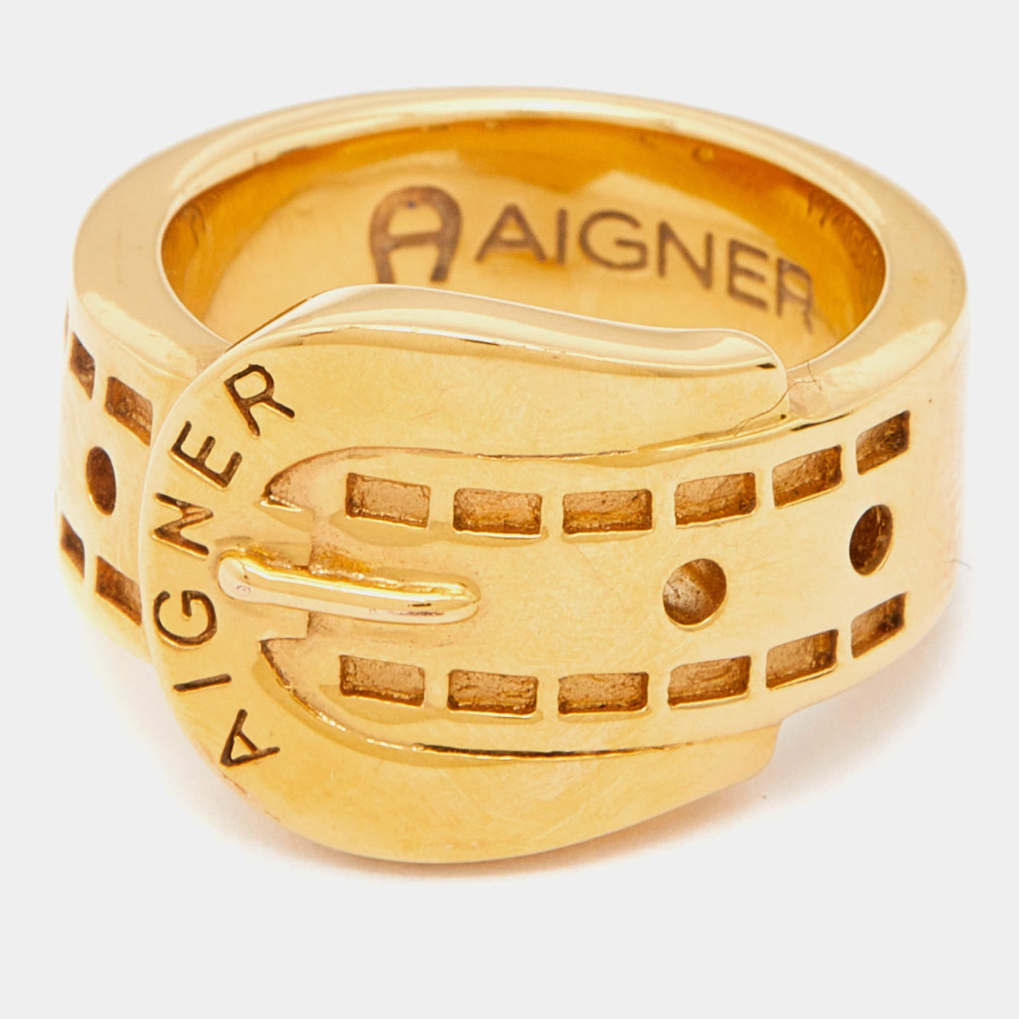 Original Aigner Gold Tone Belt Buckle Band Ring Size 53