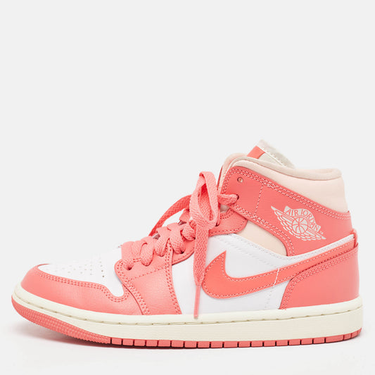 Original Air Jordans Pink/White Leather Jordan 1 Mid Strawberries and Cream Sneakers Size 36