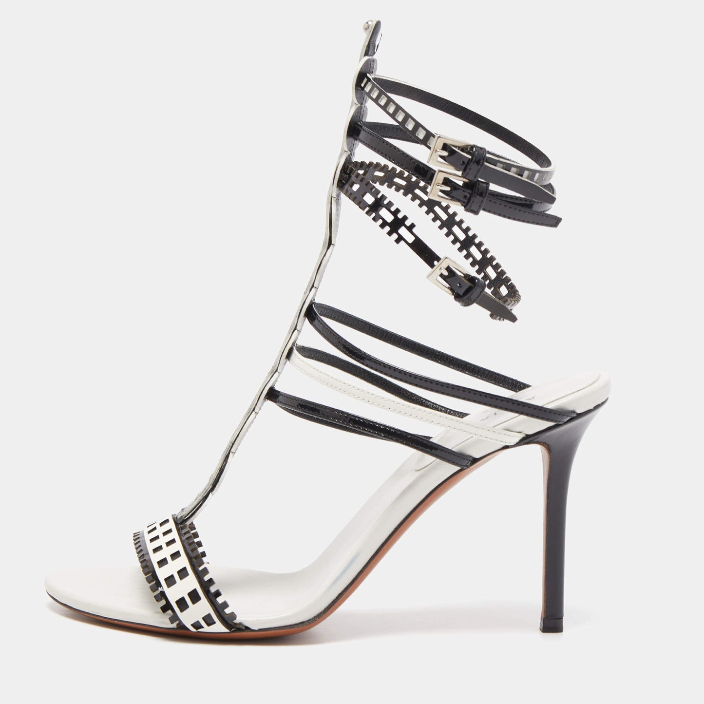 Original Alaia White/Black Laser Cut Patent Leather Strappy Sandals Size 38.5