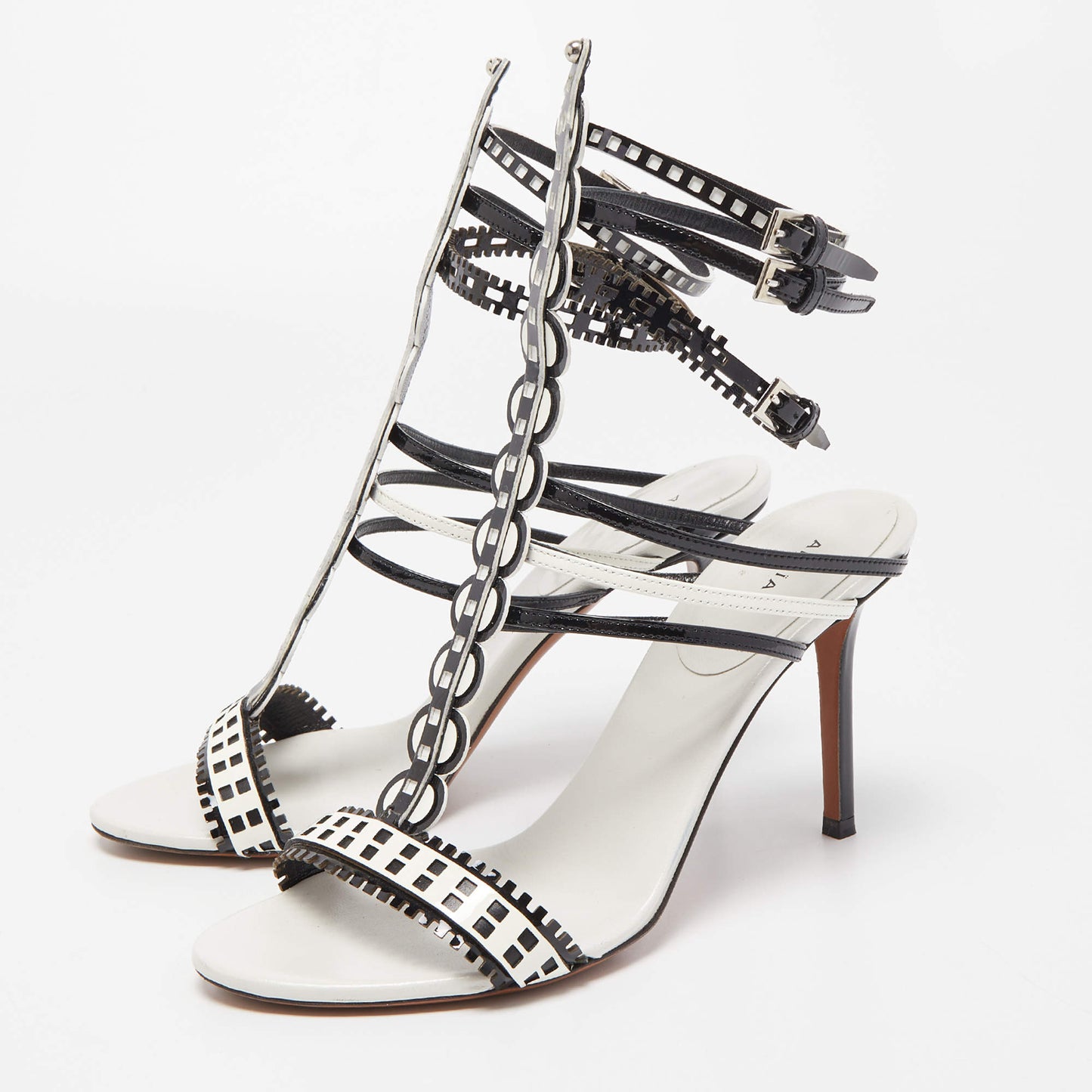 Original Alaia White/Black Laser Cut Patent Leather Strappy Sandals Size 38.5