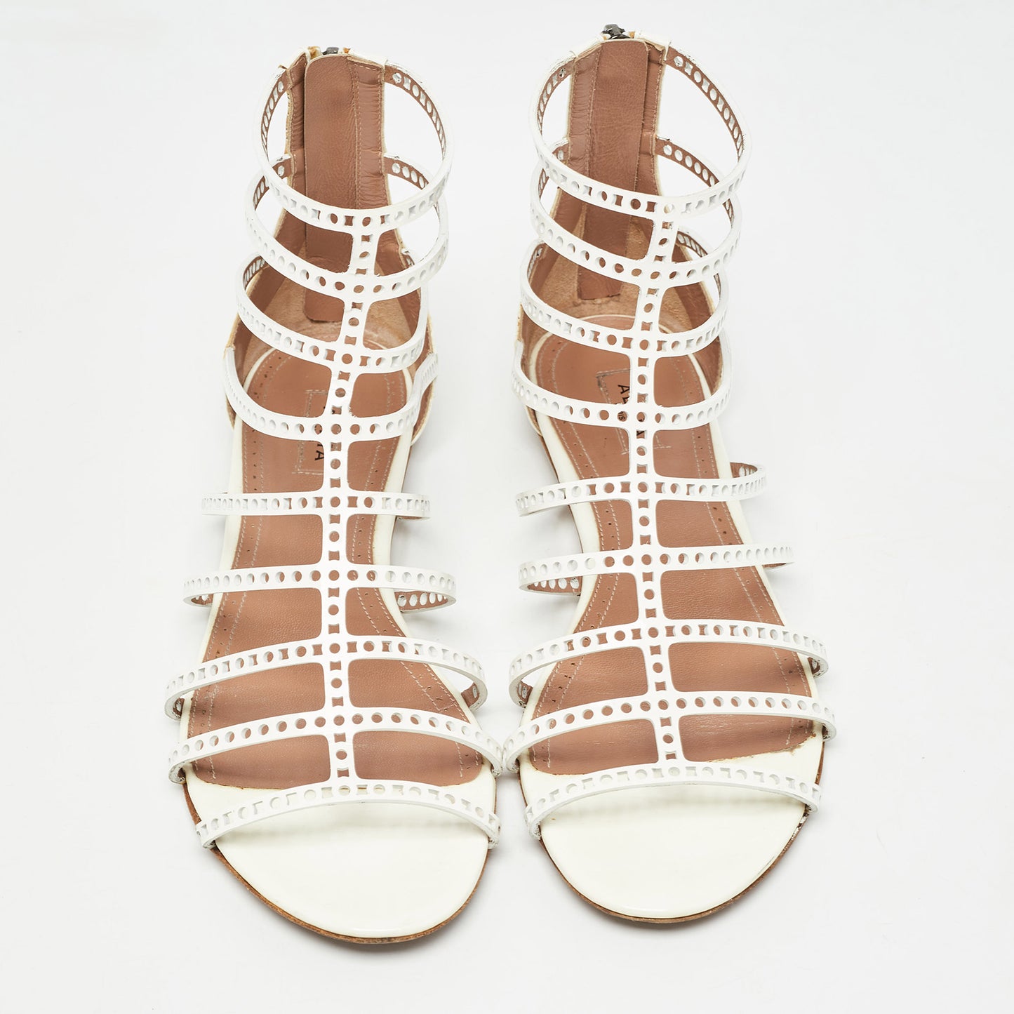 Original Alaia White Patent Leather Laser Cut Strappy Flat Sandals Size 37