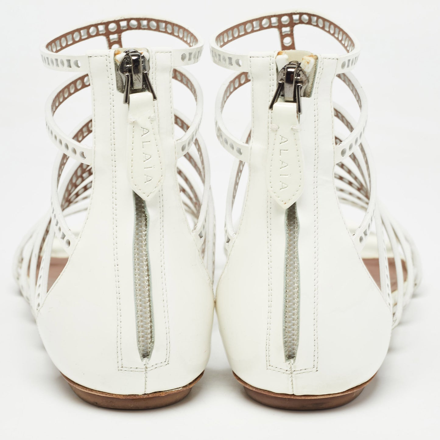 Original Alaia White Patent Leather Laser Cut Strappy Flat Sandals Size 37