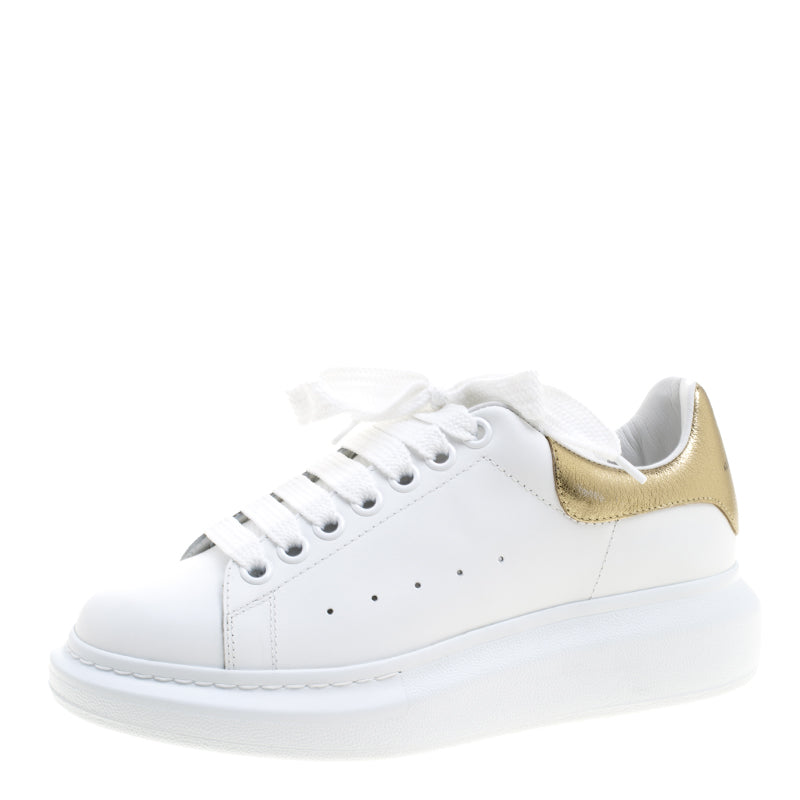 Original Alexander McQueen White Leather with Metallic Gold Leather Trim Platform Sneakers Size 38 (Never Used)