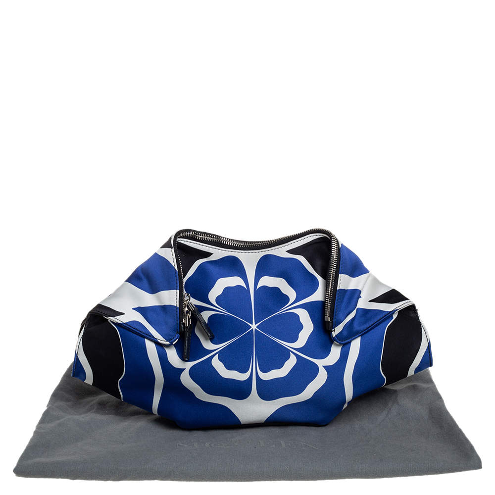 Original Alexander McQueen Blue/White Printed Satin and Leather Medium De Manta Clutch