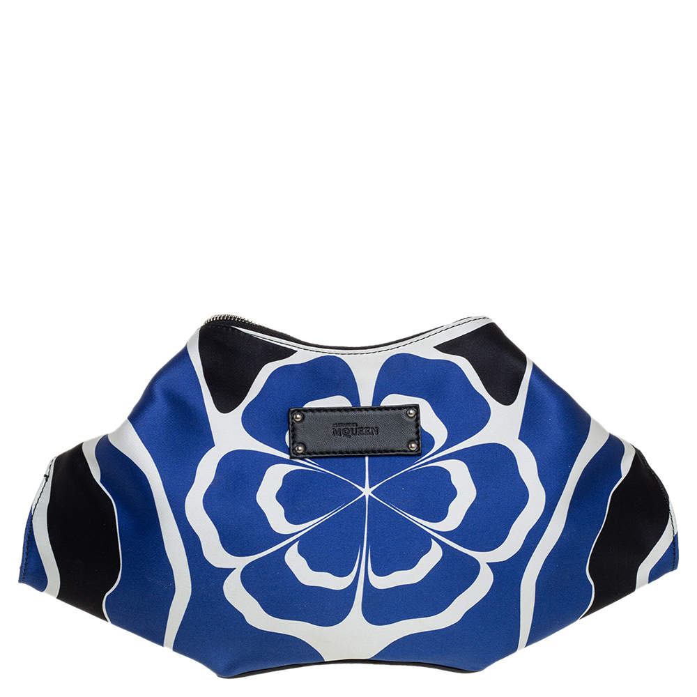 Original Alexander McQueen Blue/White Printed Satin and Leather Medium De Manta Clutch