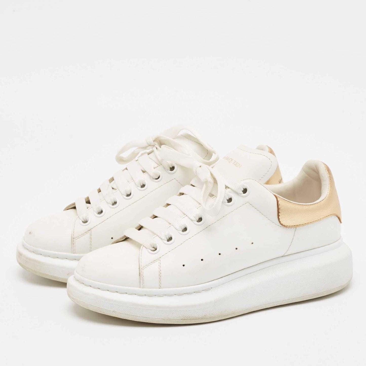 Original Alexander McQueen White/Gold Leather Oversized Sneakers Size 39.5