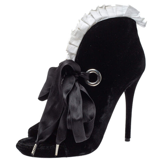 Original Alexander McQueen Black/White Velvet And Fabric Pleat Trim Bow Ankle Booties Size 38