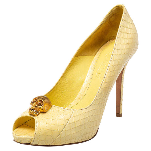 Original Alexander McQueen Light Yellow Python Leather Skull Peep Toe Pumps Size 38.5