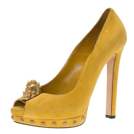 Original Alexander McQueen Yellow Suede Skull Embellished Peep Toe Platform Pumps Size 39.5