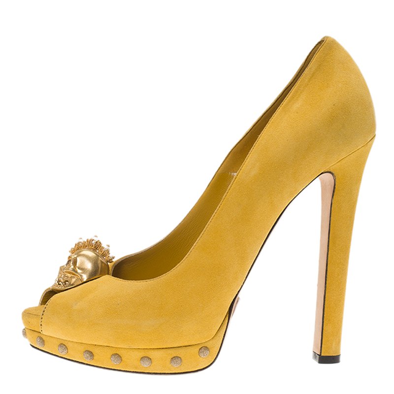 Original Alexander McQueen Yellow Suede Skull Embellished Peep Toe Platform Pumps Size 39.5