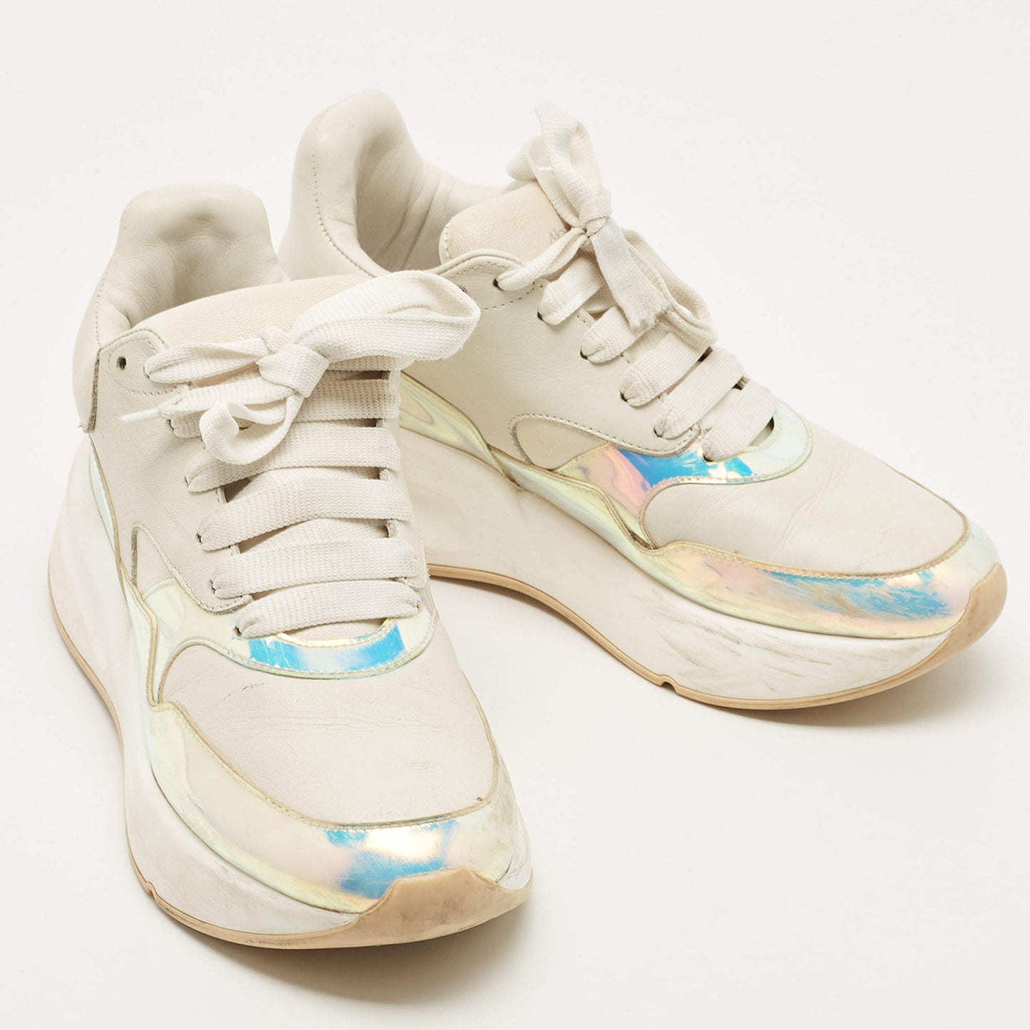 Original Alexander McQueen White Leather and Iridescent PVC Chunky Sneakers Size 38