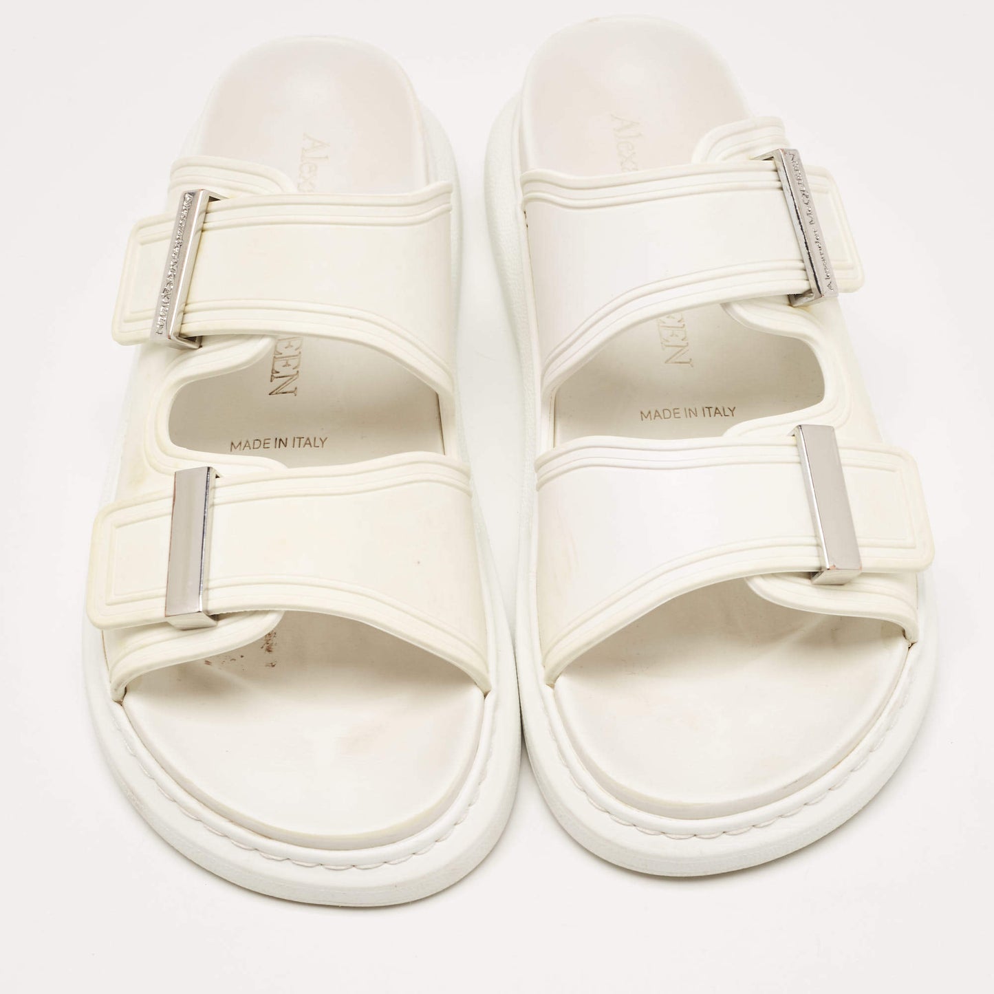 Original Alexander McQueen White Rubber Birke Buckle Slide Flats Size 38.5