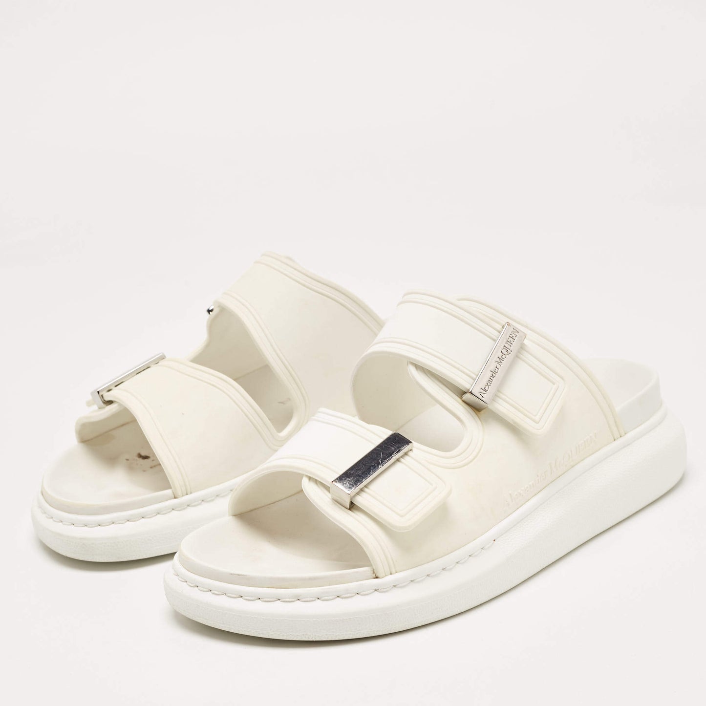 Original Alexander McQueen White Rubber Birke Buckle Slide Flats Size 38.5