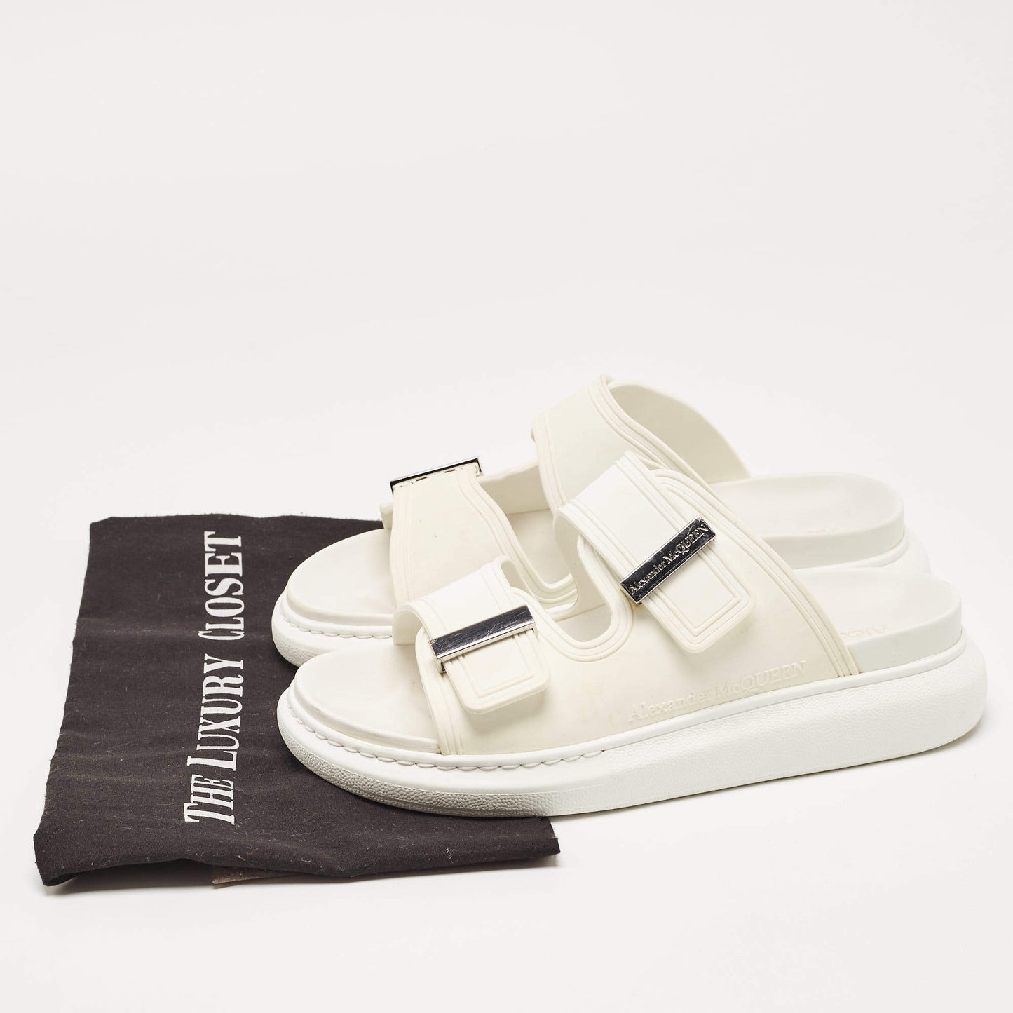 Original Alexander McQueen White Rubber Birke Buckle Slide Flats Size 38.5