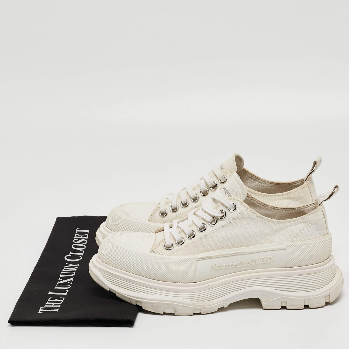 Original Alexander Mcqueen White Canvas and Rubber Tread Slick Sneakers Size 38.5