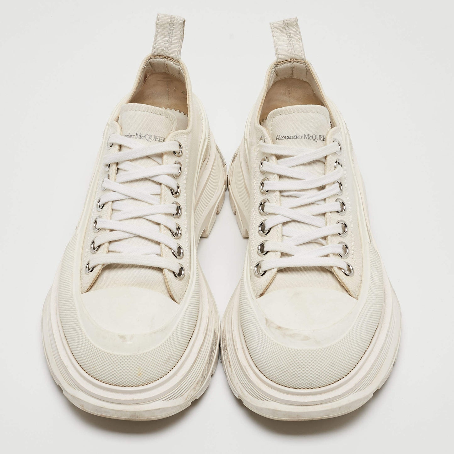 Original Alexander Mcqueen White Canvas and Rubber Tread Slick Sneakers Size 38.5