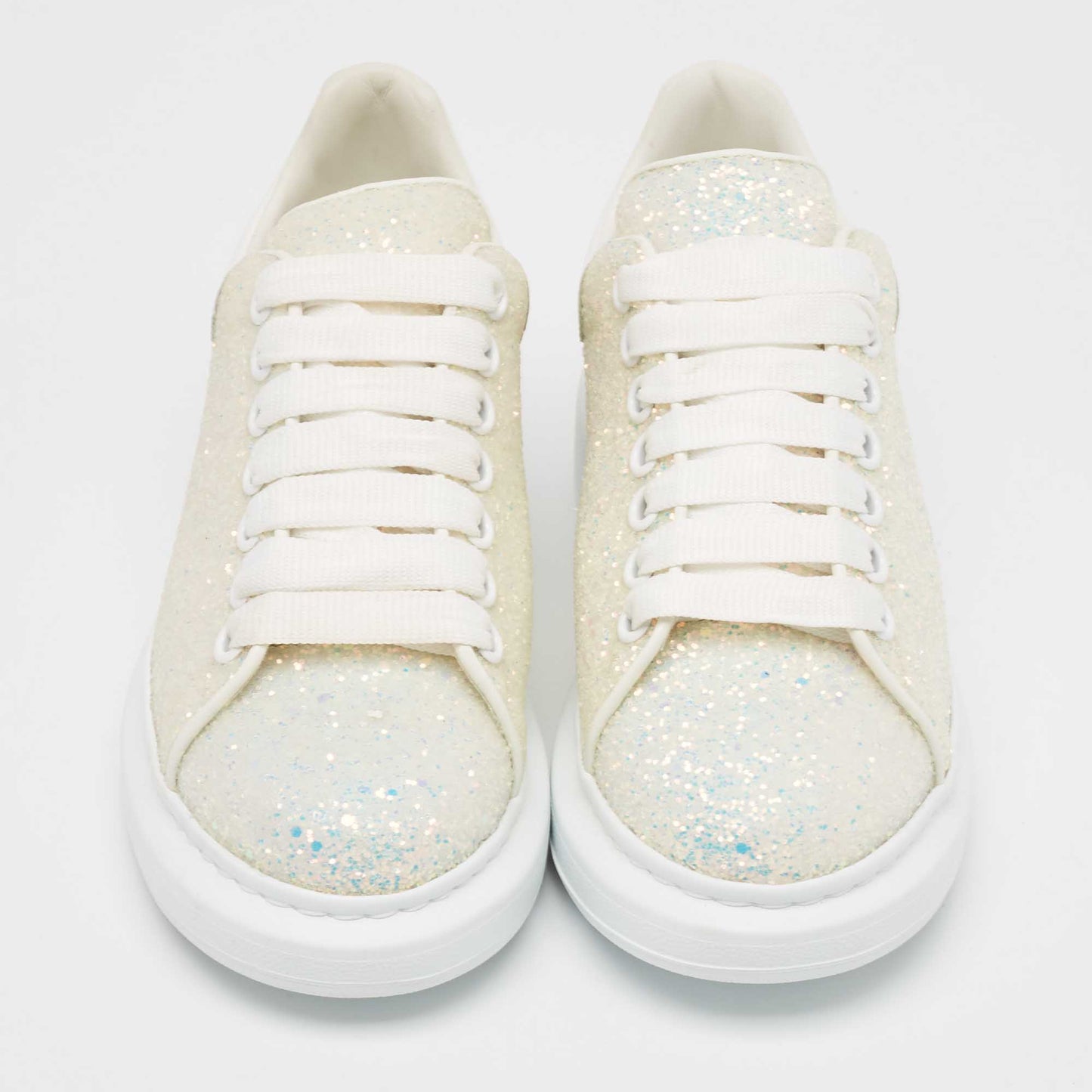 Original Alexander McQueen White/Silver Glitter and Leather Oversized  Sneakers Size 37.5