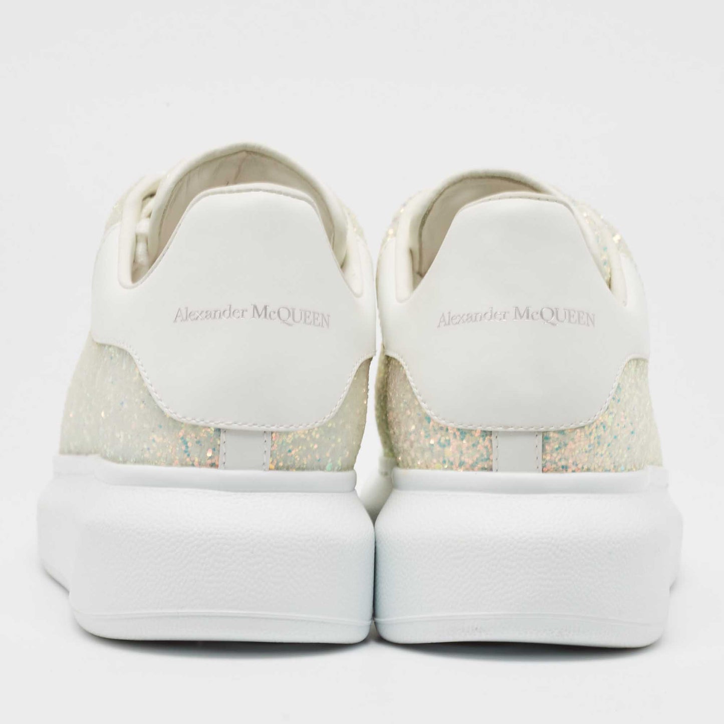 Original Alexander McQueen White/Silver Glitter and Leather Oversized  Sneakers Size 37.5