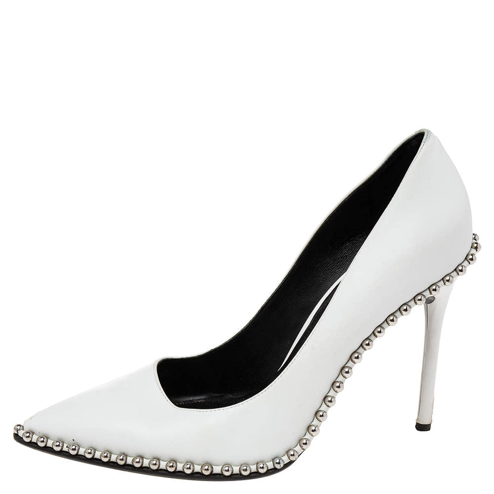 Original Alexander Wang White Leather Rie Studded Pointed-Toe Pumps Size 39.5