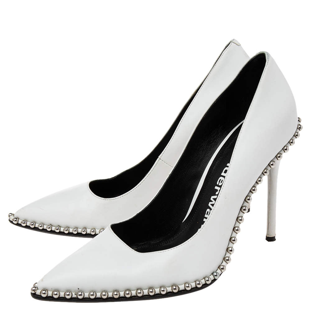 Original Alexander Wang White Leather Rie Studded Pointed-Toe Pumps Size 39.5