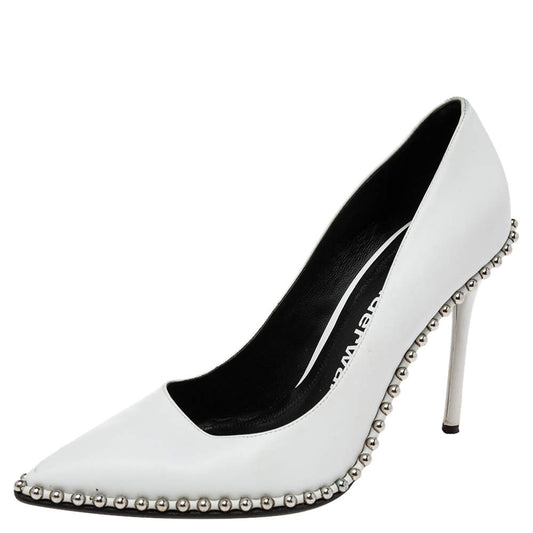 Original Alexander Wang White Leather Rie Studded Pointed-Toe Pumps Size 39.5