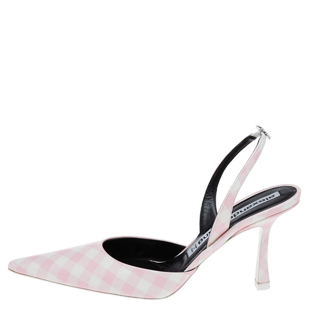 Original Alexander Wang Pink/White Gingham Print Leather Grace Slingback Sandals Size 39