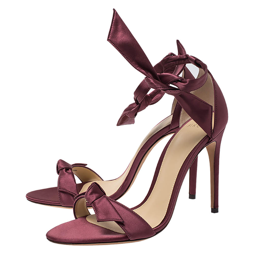 Original Alexandre Birman Burgundy Satin Clarita Bow Ankle Wrap Sandals Size 38.5 (Never Used)