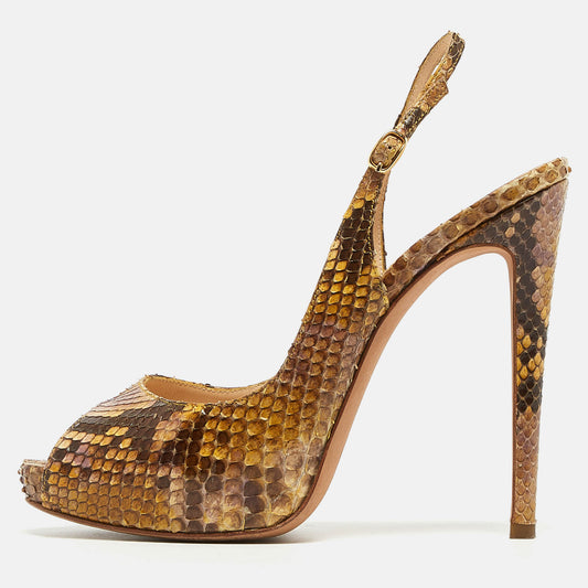 Original Alexandre Birman Yellow/Brown Snakeskin Peep Toe Slingback Pumps Size 37