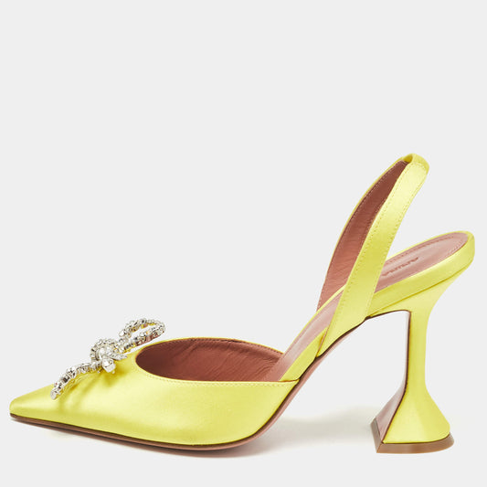 Original Amina Muaddi Yellow Satin Crystal Embellished Pointed Toe Slingback Pumps Size 36.5 (Never Used)