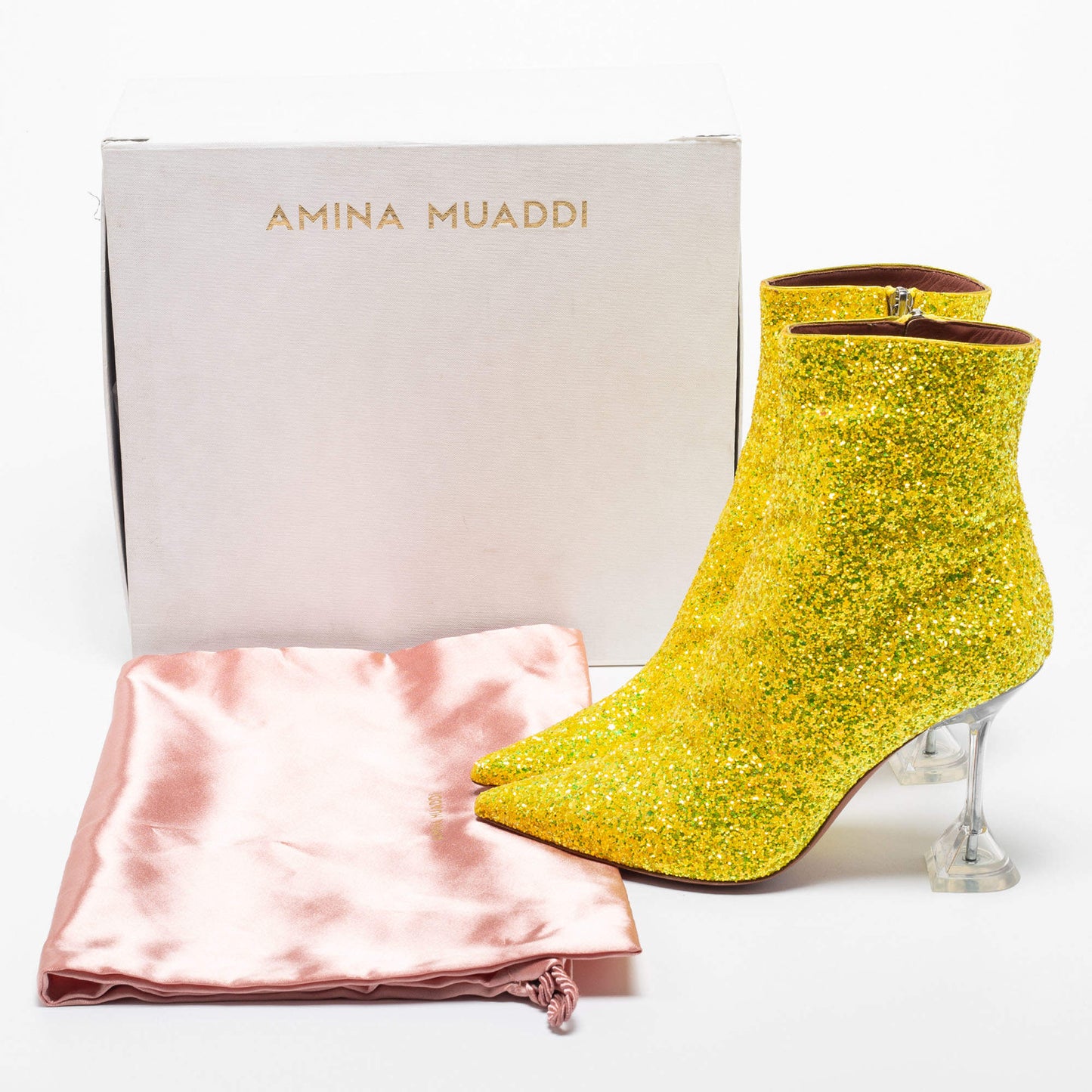 Original Amina Muaddi Yellow Coarse Glitter Giorgia Ankle Boots Size 38 (Never Used)