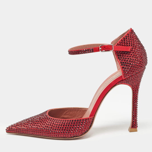 Original Amina Muaddi Red Satin Vittoria 105mm Crystal-Embellished Pumps Size 37