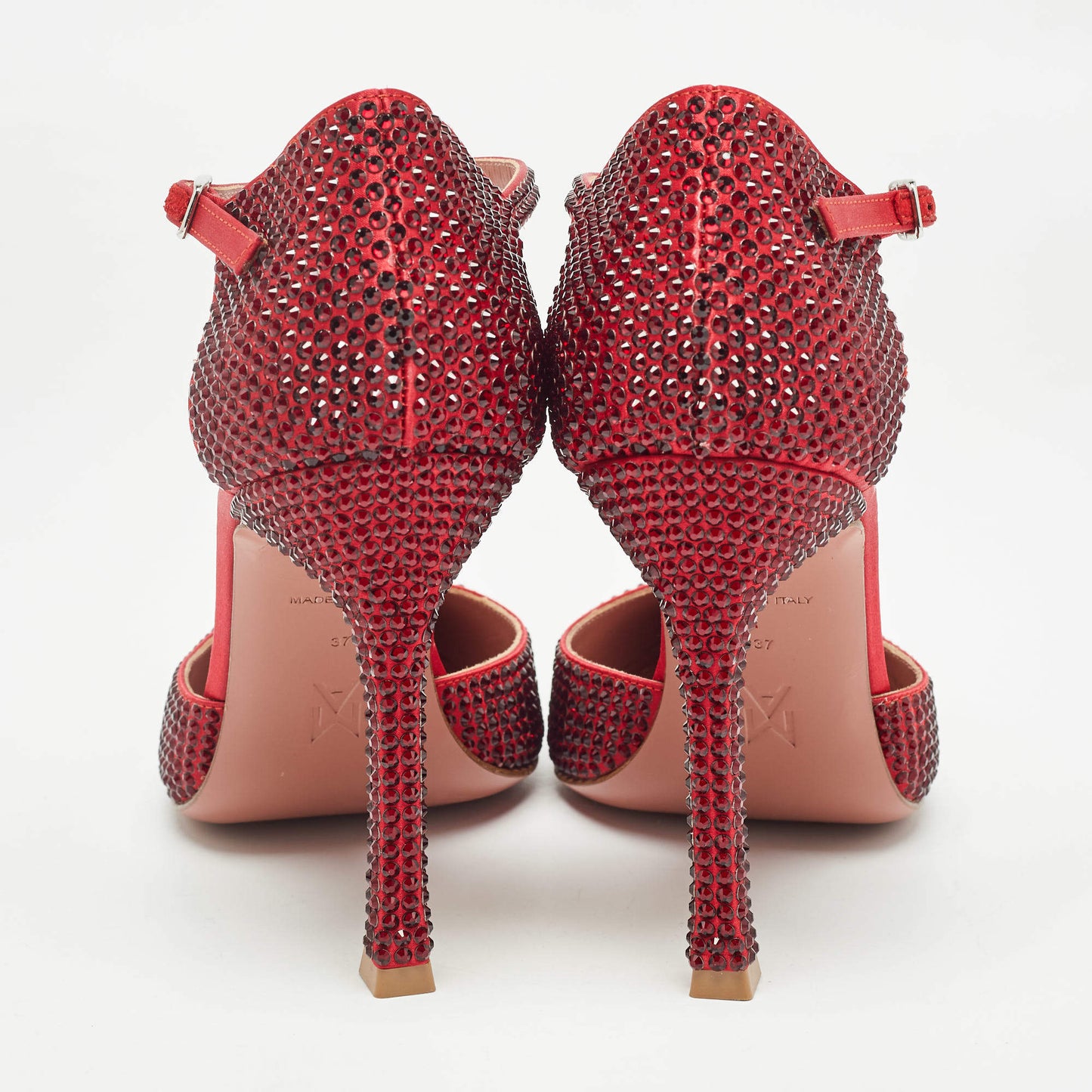 Original Amina Muaddi Red Satin Vittoria 105mm Crystal-Embellished Pumps Size 37