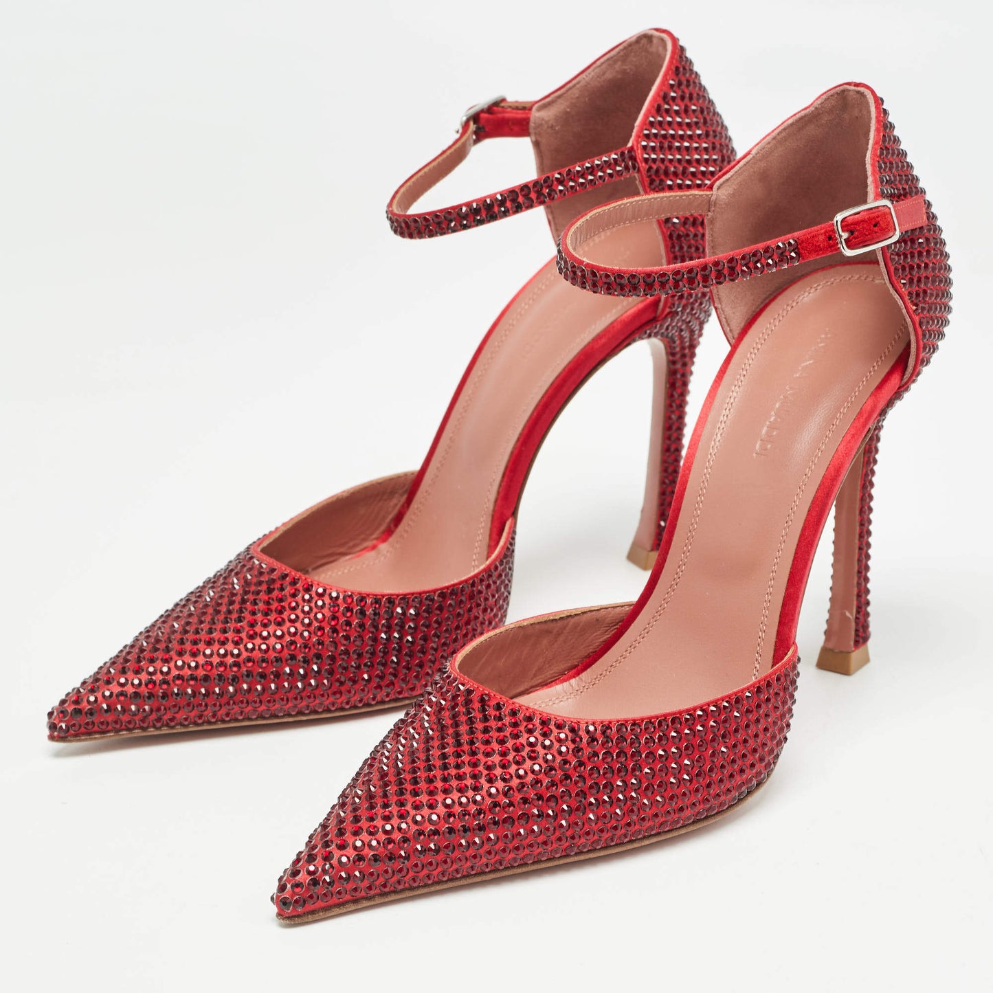 Original Amina Muaddi Red Satin Vittoria 105mm Crystal-Embellished Pumps Size 37