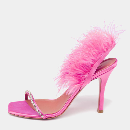 Original Amina Muaddi Pink Satin And Fur Crystal Embellished Sandals Size 38