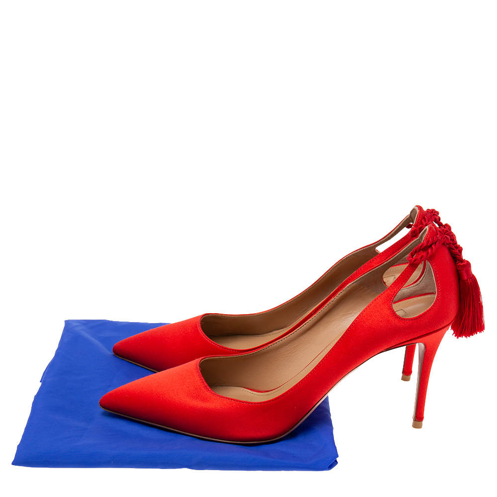 Original Aquazzura Red Satin Forever Marilyn Cut Out Tassel Detail Pointed Toe Pumps Size 39