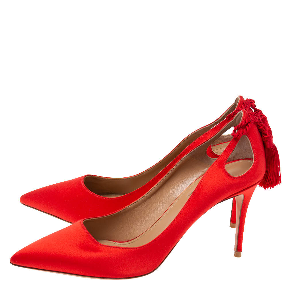 Original Aquazzura Red Satin Forever Marilyn Cut Out Tassel Detail Pointed Toe Pumps Size 39