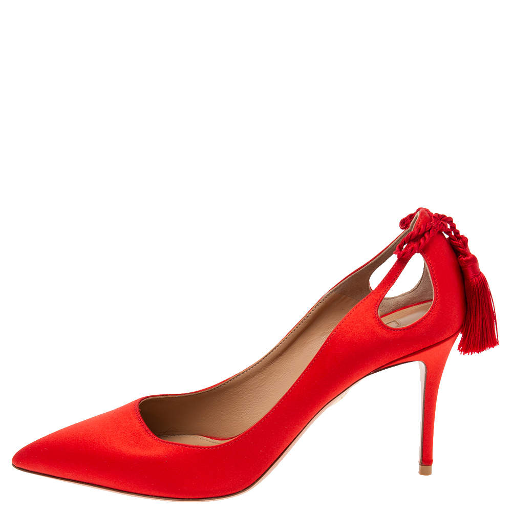 Original Aquazzura Red Satin Forever Marilyn Cut Out Tassel Detail Pointed Toe Pumps Size 39