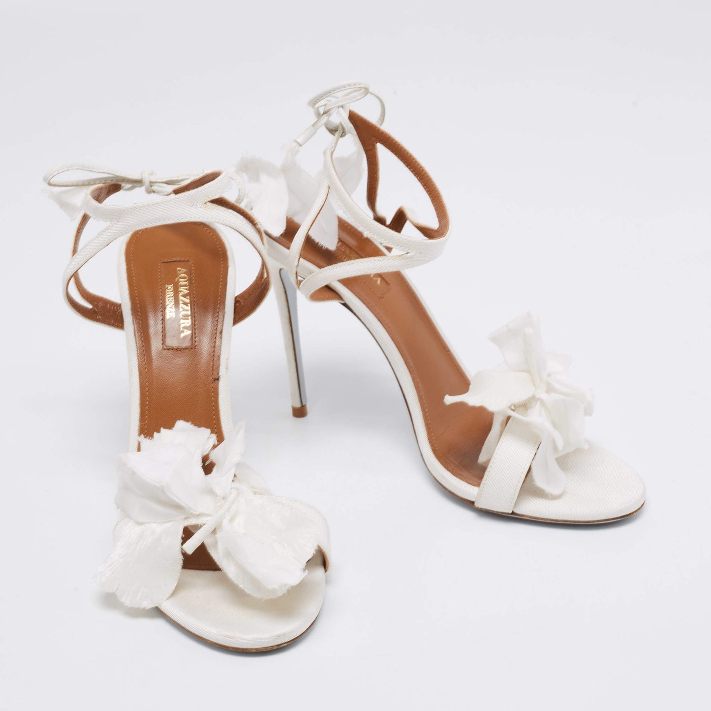 Original Aquazzura White Floral Applique Fabric Ankle Wrap Sandals Size 38.5