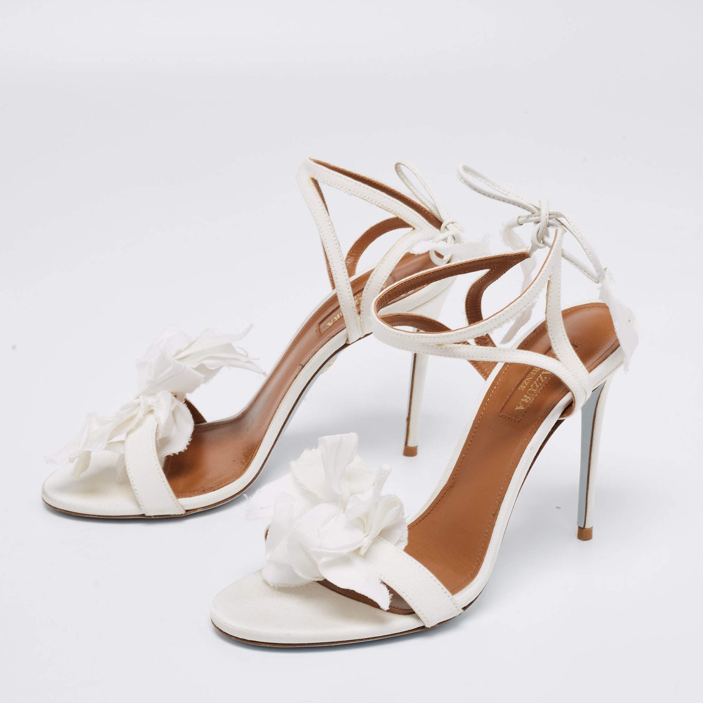 Original Aquazzura White Floral Applique Fabric Ankle Wrap Sandals Size 38.5