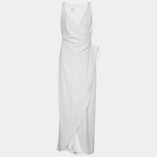 Original Armani Collezioni White Crepe Draped Sleeveless Faux Wrap Maxi Dress M