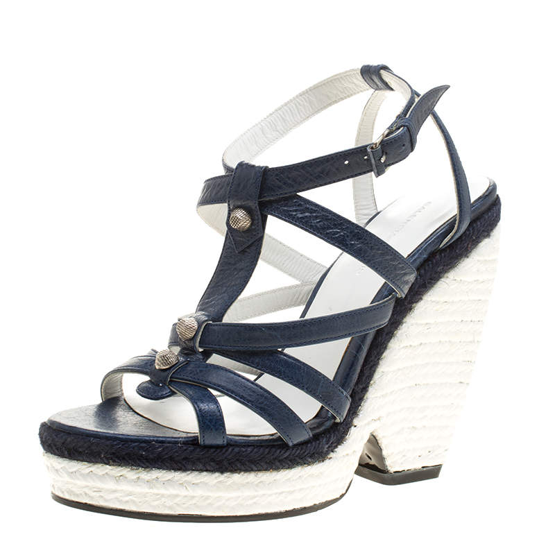 Original Balenciaga Blue/White Leather Espadrille Wedge Sandals Size 38