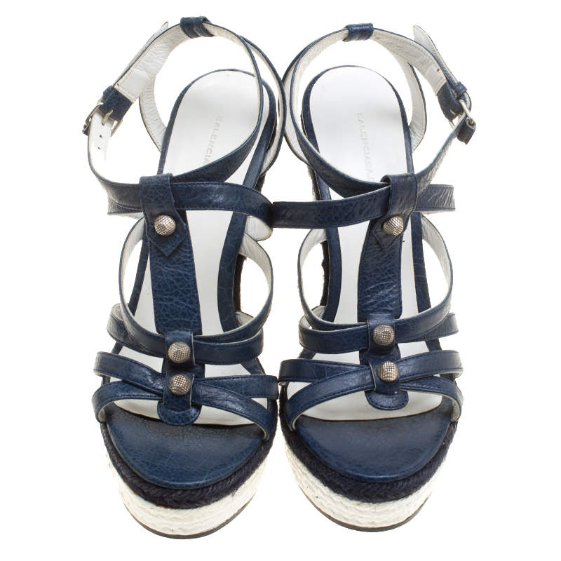 Original Balenciaga Blue/White Leather Espadrille Wedge Sandals Size 38