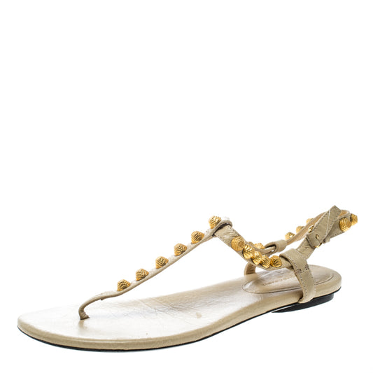 Original Balenciaga Light Yellow Studded Leather Arena Thong Sandals Size 38