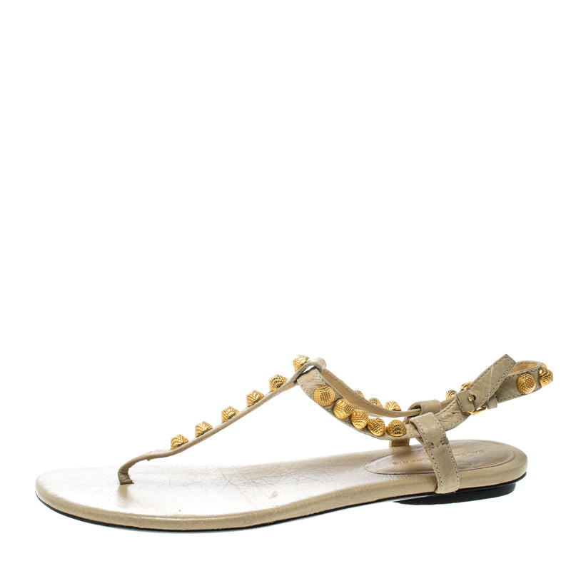 Original Balenciaga Light Yellow Studded Leather Arena Thong Sandals Size 38