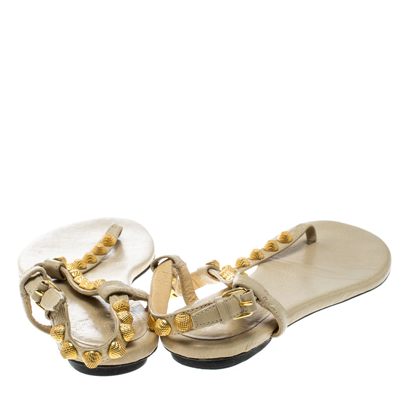 Original Balenciaga Light Yellow Studded Leather Arena Thong Sandals Size 38