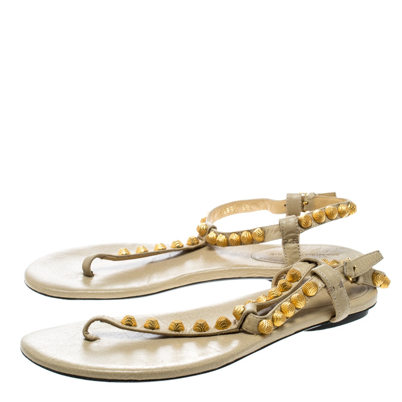 Original Balenciaga Light Yellow Studded Leather Arena Thong Sandals Size 38