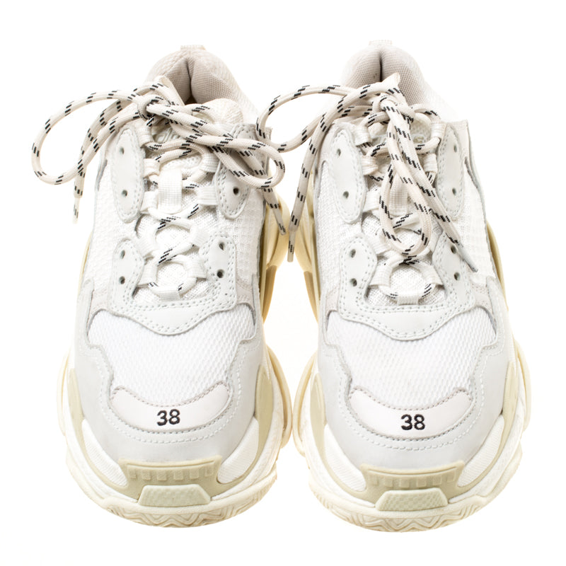 Original Balenciaga White Mesh And Leather Triple S Platform Sneakers Size 38