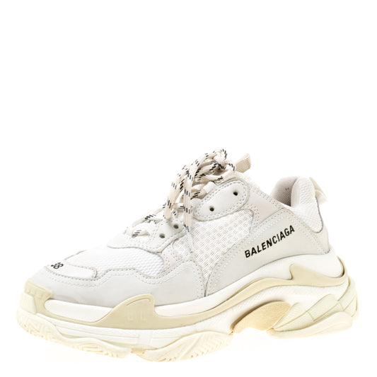 Original Balenciaga White Mesh And Leather Triple S Platform Sneakers Size 38