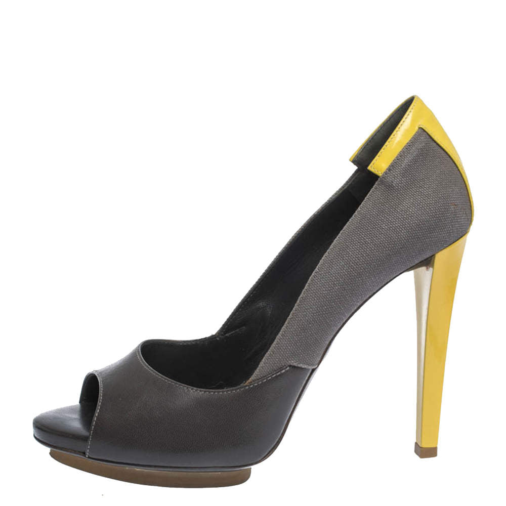 Original Balenciaga Grey/Yellow Canvas and Leather Peep Toe Pumps Size 38